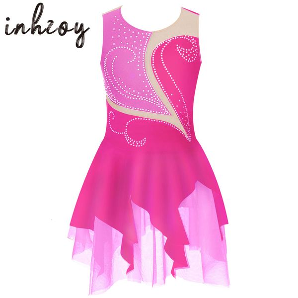 Vêtements de danse enfants filles robe de patinage artistique sans manches brillant strass patinage sur glace robe de danse de ballet justaucorps de gymnastique vêtements de danse de salle de bal 230920