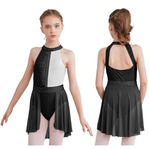Dancewear kids girls artistes sking gymnastics leotard robe licou sans manches creux arrière ballet tutu rhingestone lyrique dance robe y240524