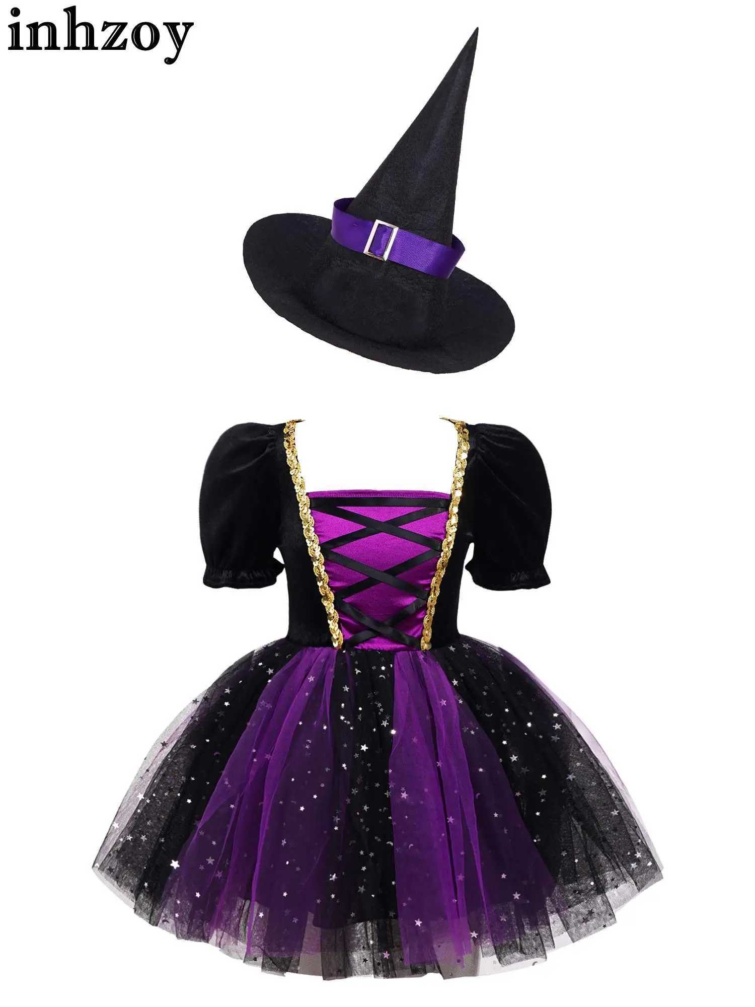 Dancewear Kids Girls Halloween Witch Costume Short Bubble Sleeve Velvet Tutu Robe avec un chapeau magique Cosplay Theme Party Performance Dressl2405