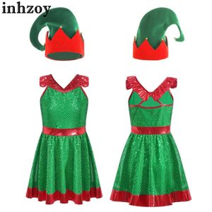 Dancewear Kids Girls Santa Claus Christmas Elf Kostuum Mouwloze pailletten Tutu -jurk met hoed voor Xmas New Year Party Dance Performal2405