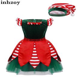 Dancewear Kids Girls Noël Santa Clause Costume Christmas Elf Cosplay Carnival New Year Fancy Dishot Up Striped Tutu Leotard avec hatl2405