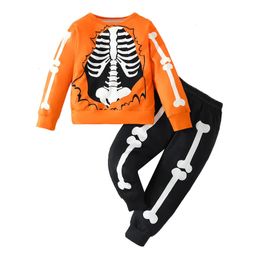 Kledingsets Pudcoco Kids Baby 2-delige Halloween-outfits Lange mouw Skeletprint Sweatshirt Broekset Peuterkleding 2-7T 231005