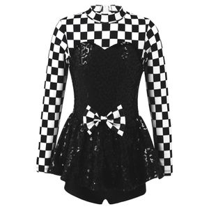 Dancewear Racer-kostuum Autobestuurder Shorty Unitard-jurk voor meisjes Kinderen Lange mouw Raster Jazz Moderne Latin-danskleding voor Halloween Cosplay 230920