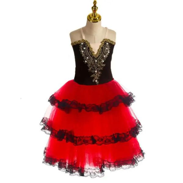 Ropa de baile Falda tutú de ballet romántica para niñas y niños Vestido rojo español para mujeres adultas Vestido largo de tul suave Disfraces de bailarina de rendimiento 231124