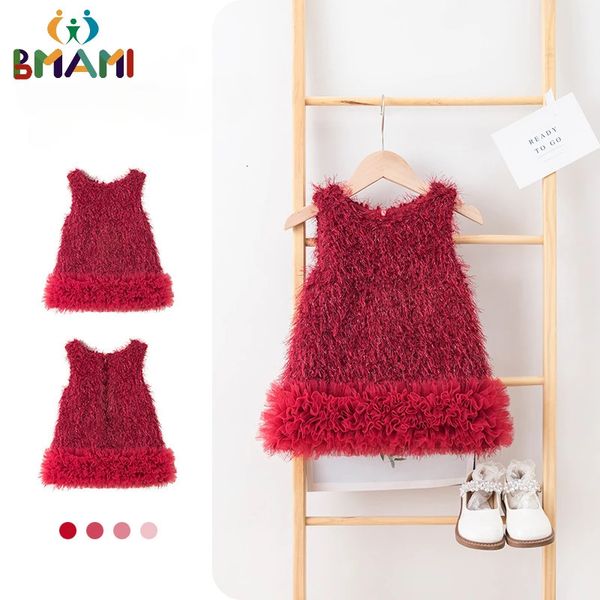 Ropa de baile Navidad rojo rosa niñas princesa vestido niña borla encaje sólido camiseta sin mangas vestido cumpleaños niñas color vestidos tutú 231129