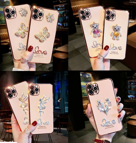 Dancing Angel Girl Gold Bear Desginer Diamond étuis pour iphone14promax 11 pro max couvre avec Butterfly Bear Pink iphone14plus Shell pour iphonexs max XR 13pro 12pro