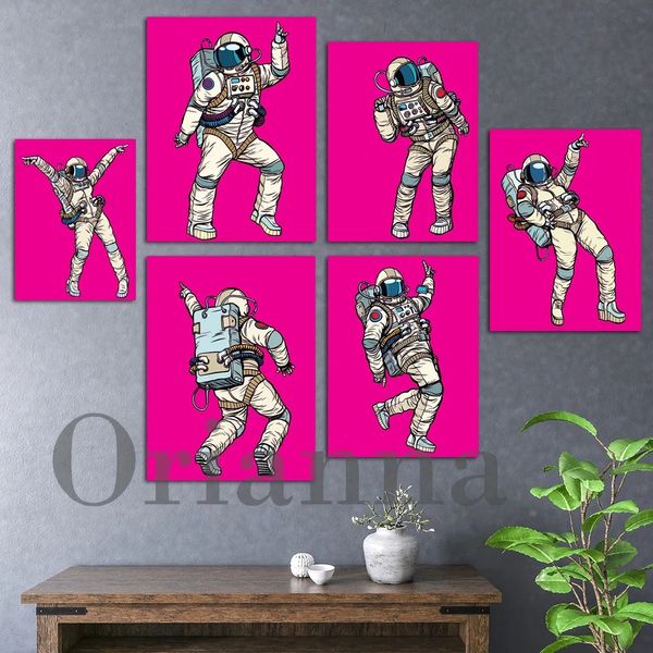 Affiche d'astronautes dansants imprimés, peinture sur toile couleur Pop drôle, image modulaire, Art mural pour la maison, fille, garçon, chambre à coucher, salon, bar, décor sans cadre Wo6