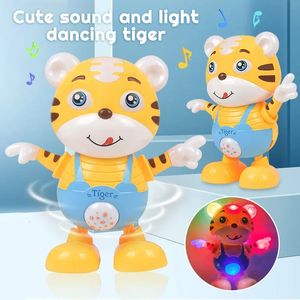 Dansende elektrische speelgoed cartoon schattig klein gele tijgerpop home decor kind cadeau baby vroege educatie muzikaal danslicht 240511