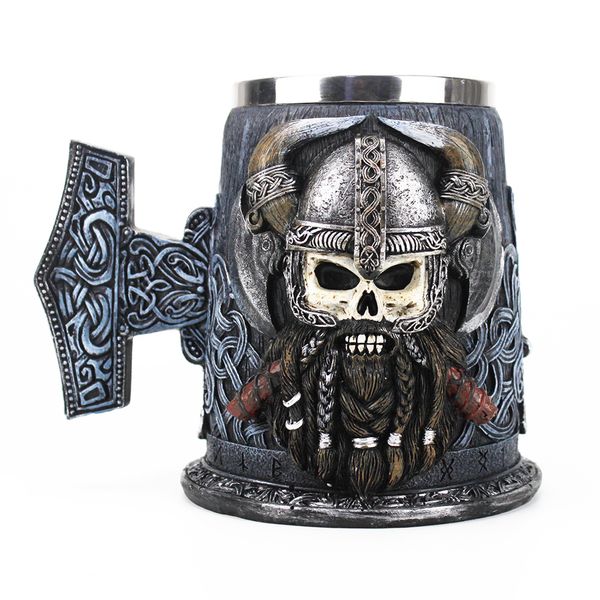 Danegeld Tankard Mug Avec Insert En Acier Inoxydable Résine Crâne Viking Café Bière Tasses Tasse MEILLEUR Cadeau D'anniversaire 600ml LJ200821