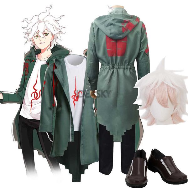 Dangan Ronpa 2 Danganronpa Cosplay Disfraz Nagito Komaeda Chaqueta Abrigo Sudadera con capucha Anime Peluca Zapatos Camiseta Halloween para mujeres Hombres Y0903