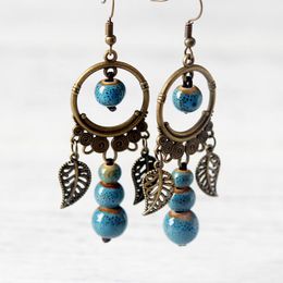 Dangle Lustre 1 paire rétro style ethnique alliage céramique boucles d'oreilles grand cercle feuille perles rondes oreille bijoux accessoires artisanat pour Wo