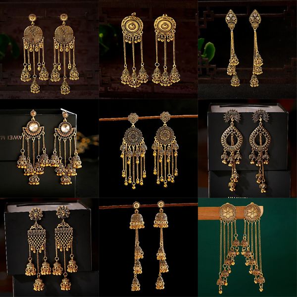 Cuelga la lámpara 2023 Pendientes indios Jhumka Joyería retro para las mujeres Boho Étnico Vintage Dorado Borla larga Gota Pendientes con cuentas redondas 231216