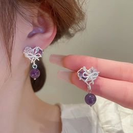 Cuelga la lámpara 2023 Sweet Zircon Purple Crystal Bow Heart Drop Earrings Simple High-grade Sense Temperament Pendientes para mujer niña joyería