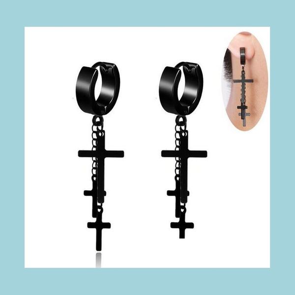 Cuelga los pendientes colgantes hipoalergénicos del perno prisionero del acero inoxidable 316L para los hombres Punk Rock Negro Sier Cruz Cadena Borla Earrin Dh759