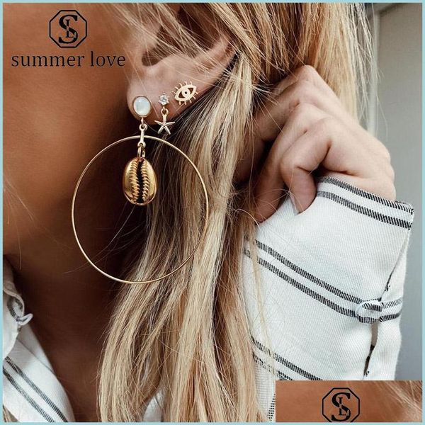 Dangle Lustre 3pcs / Set Étoile de mer exagérée Grand cercle Boucle d'oreille pour femmes Plaqué or Alliage Eye Shell Hoop Fashion Summer Beac Dhlfu