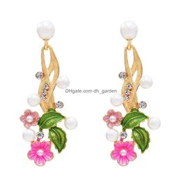 Dangle Chandelier 4 couleurs boucles d'oreilles en forme de fleur avec goujon en strass imitation perle pour filles femmes cadeaux livraison Jewe Dhgarden Dhcgn