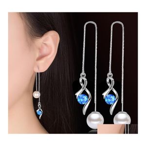 Bengelen kroonluchter 925 sterling sier vrouw mode sieraden hart oorlijn hoogwaardige crystal zircon pearl long tassel retro earri dhcs7