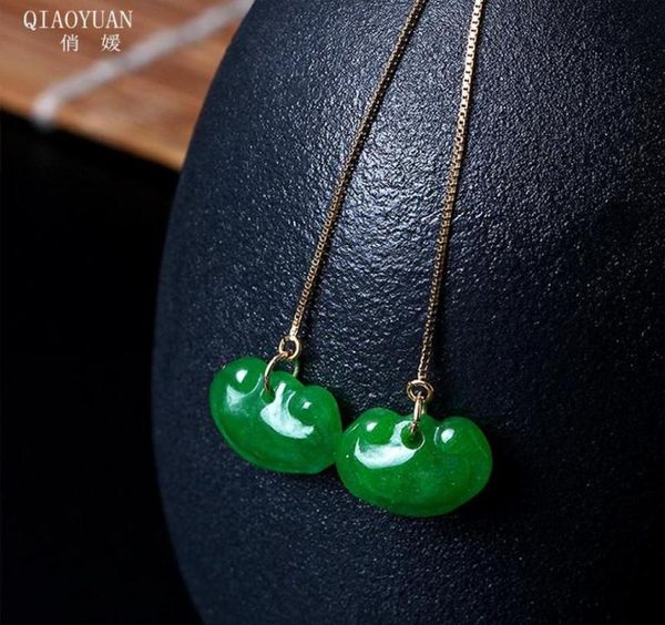 Dangle Chandelier Boucles d'oreilles en argent sterling 925 Boucles d'oreilles en jade doré Jasper Bijoux vintage Longue serrure de sécurité verte sèche émeraude pour W9670575