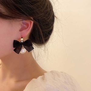 Dangle Lustre AENSOA 2021 Nouveau Contracté Tissu Dentelle Bowknot Perle Boucles D'oreilles Doux Noir Couleur Corée Mode Femmes Belle Boucles D'oreilles Bijoux G230313