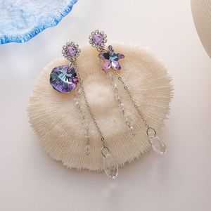 Bengelen kroonluchter asymmetrische paarse kristalster en shell modellering oorbellen trendy dames senior sfeer lange druppel juwelengangle