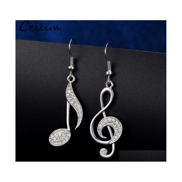 Dangle Lustre Asymétrique À La Mode Notes De Musique Boucles D'oreilles Personnalité Crochet Cristal Sier Strass Boucle D'oreille Pour Les Femmes Accessoire Lady Dhmis