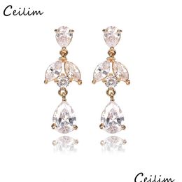 Dangle Chandelier Austrian Clear Cubic Zirconia Pendientes para mujer Flor en forma de pendiente nupcial Ear Party Jewelry D Dhgarden Dhpqo