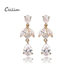 Cuelga la lámpara austriaca clara Cubic Zirconia Pendientes para las mujeres en forma de flor Pendiente de boda nupcial Oreja Joyería Drop Deli Otj9W