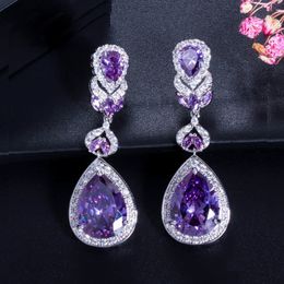 Bengelen kroonluchter Beaqueen European American Luxury Purple Crystal Earrings Peer Cut Long Drop Women Weddingoorbellen met kubieke zirconia E024 230515