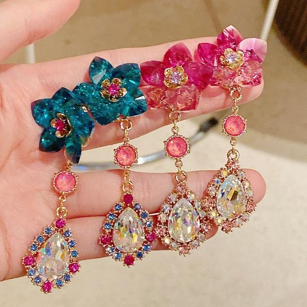 Cuelga la lámpara hermosa rosa azul cristal flor larga gota cuelga los pendientes para las mujeres pendientes étnicos joyería del partido al por mayor