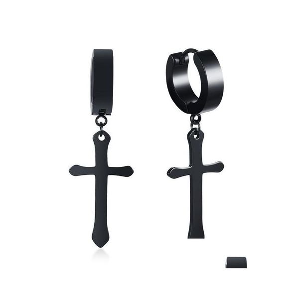 Dangle Lustre Noir Or Sier Couleur Boucles D'oreilles Pour Femmes Hommes Punk Petit Cercle Avec Croix En Acier Inoxydable Boucle D'oreille Uni Deliv Dhy4G