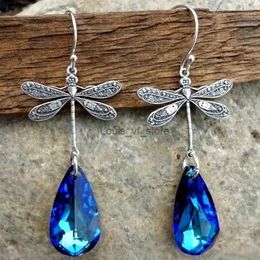 Bengelen kroonluchter blauw glanzende synthetische edelstenen hanger libel ontwerp oorbellen voor vrouwen elegante stijl zilveren kleur sieraden trendy h240423