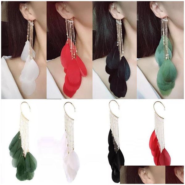 Cuelga la lámpara Bohemia Pendientes de plumas Cadena larga Borla de un solo lado Gancho para la oreja Pendientes Clip Rojo Azul Negro Venta 20pcs / Lot Drop Deli Dhwjn