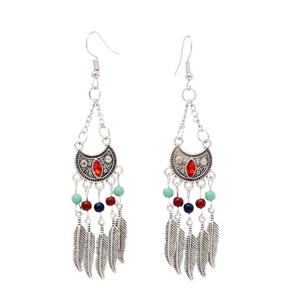 Dangle Lustre Bohême Vintage Argent Métal Plume Long Gland Boucles D'oreilles Suspendues Pour Les Femmes Cristal Strass Résine Perle Pendentif Jewelr