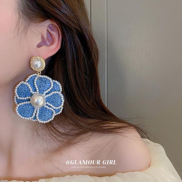 Cuelga los pendientes bohemios azules de la flor del paño grande para las mujeres joyería llamativa hecha a mano perla exagerada retro PendientesDangle