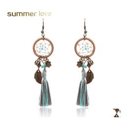 Dangle Lustre Bohème Dream Catcher Boucles D'oreilles Gland Pour Femmes Mode Boho Ethnique Long Vert Frangé Boucle D'oreille En Gros J Otbbt