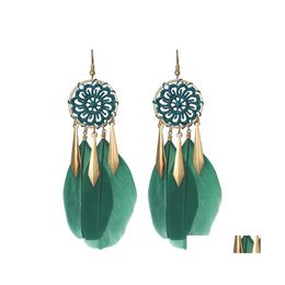 Bengelen kroonluchter Boheemse mode -sieraden voor vrouwen handgemaakte vintage dreamcatcher oorbellen veer tassel drop levering dhqta