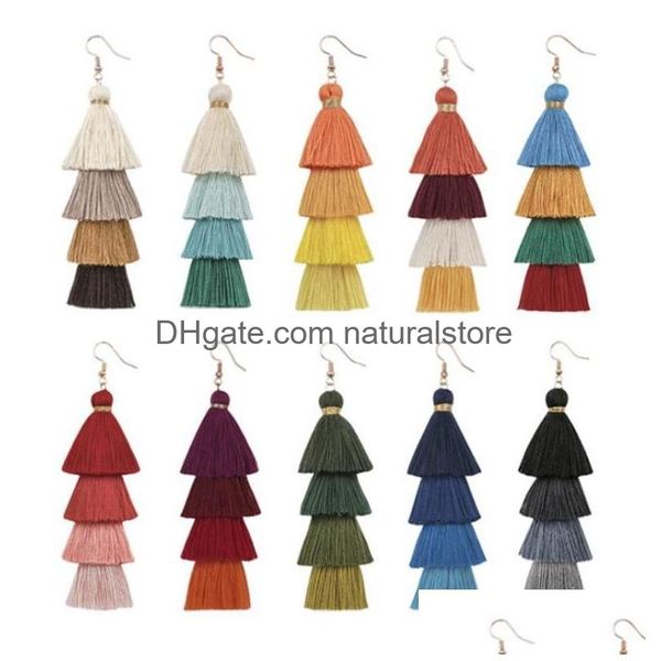 Cuelga los pendientes de la borla de la moda bohemia de la lámpara hecha a mano larga franja oreja 4 capas diseñador mujeres 10 colores pendiente al por mayor Jewelr Dhkur