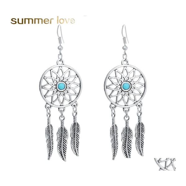 Cuelga la lámpara estilo bohemio Dream Catcher Net Feather Borla Pendientes para mujeres Ladies Vintage Sier Dreamcatcher Boho Jewelry Ot2Mz