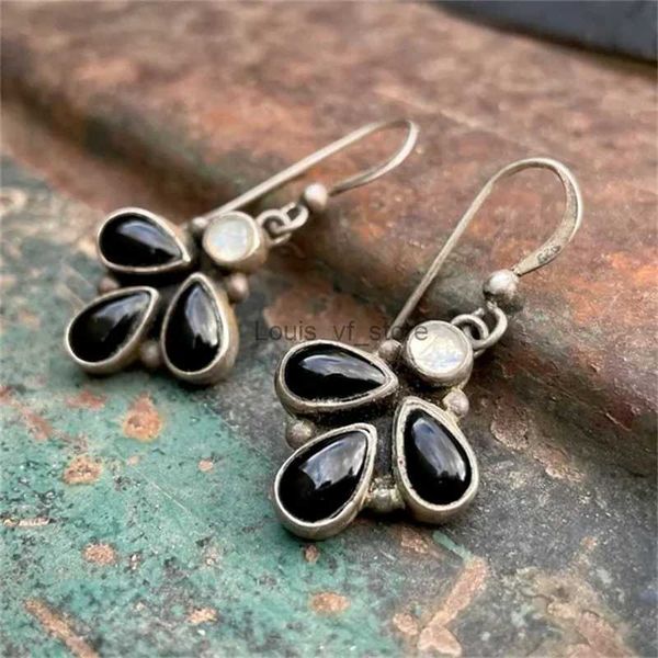 Chandelier Bohemien Bohemian Droplet d'eau incrustée de boucles d'oreilles en pierres noires Vintage Color Metal pour femmes bijoux H240423