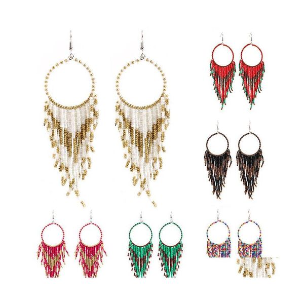 Dangle Lustre Boho Ethnique Gland Boucles D'oreilles Femmes Vintage Perles De Riz Longue Goutte Sier Crochet D'oreille Pour Dames De Mode Bijoux Cadeau Deli Otzaj