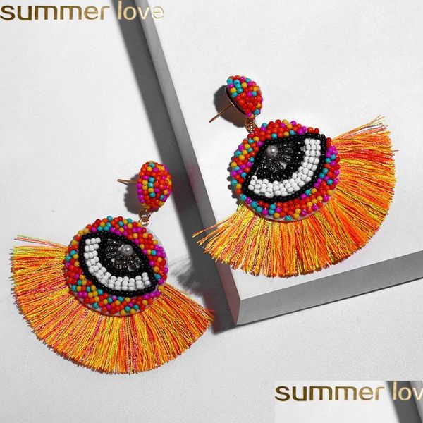 Cuelga la lámpara Boho Borla Pendientes para las mujeres Étnico Evil Blue Eyes Gota de cristal Grano largo con flecos Cuelga la joyería de la boda Delive Dhxnf