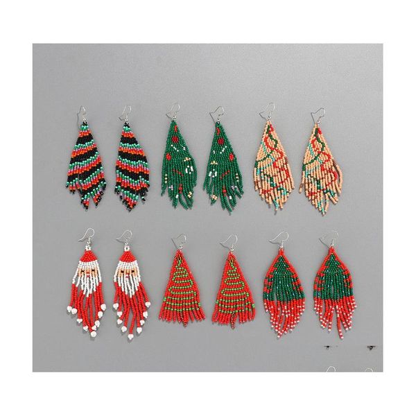 Dangle Lustre Bijoux De Mode De Noël Perles Glands Boucles D'oreilles Tissé À La Main Arbre De Noël Père Noël Colorf Perles De Riz Drop Delivery Dhpvz