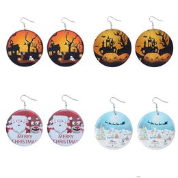 Bengelen kroonluchter kerst Halloween houten metalen oorbellen voor vrouwen meisjes rond pompoen spin Skls Snowman Print Drop Earring J DHVKB