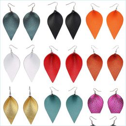Dangle Chandelier Colorf Classic Leaf Boucles d'oreilles pendantes en cuir véritable pour les femmes Déclaration de conception personnalisée Boucle d'oreille légère Je Dh9Mc