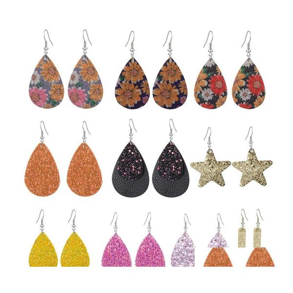 Dangle Lustre Colorf Paillettes Pu Cuir Boucles D'oreilles Bling Teardrop Étoile Forme Anneaux D'oreille Pour Dames Femmes Designer Bijoux Deli Dhafy