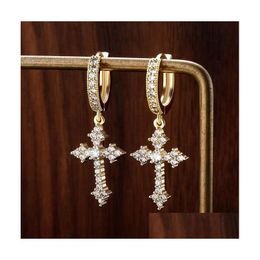 Dangle Lustre Croix Boucles D'oreilles Dangle Pour Les Femmes Glacé Cubique Zircone Bijoux Hip Hop Simple Mode Diamant Boucle D'oreille Partie Gif Dh2Db