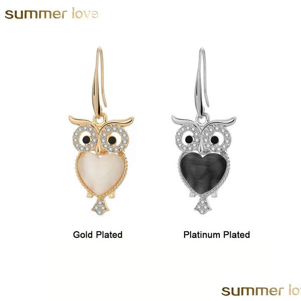 Dangle Lustre Mignon Hibou Cristal Boucles D'oreilles Bijoux Or Couleur Animal Boucle D'oreille Avec Coeur Forme Opale Charmes Pour Les Femmes Parti Drop Del Dhvks