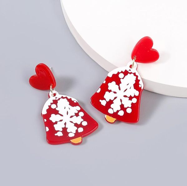 Boucles d'oreilles de noël en résine pour femmes, lustre suspendu, jolies cloches de Jingle en cœur rouge avec flocon de neige, cadeau de goutte