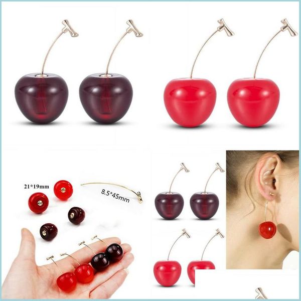 Dangle Lustre Mignon Simation Rouge Cerise Boucles D'oreilles Doux Résine Or Couleur Boucle D'oreille Femmes Fille Étudiant Fruit Forme Bijoux Dro Dhuax