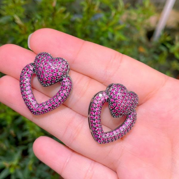 Araña colgante CWWZircon geométrica doble forma de corazón rosa Zirconia cúbica pendientes de gota para mujer accesorios de joyería de compromiso regalo C